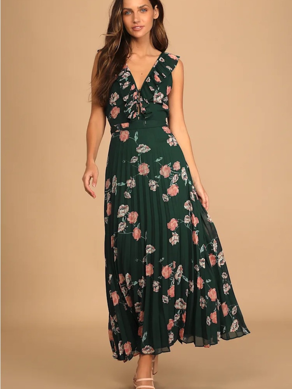 Lulu's Forest Green Floral Ruffle V-Neck Maxi Dress